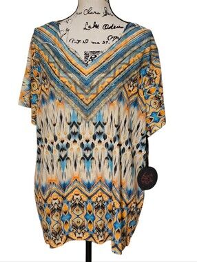 French Blue Boho V-Neck Printed Tunic Top in Blue and Gold